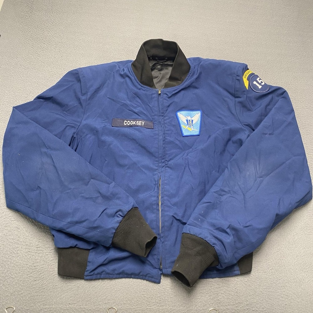 VTG Woolrich Jacket Mens 52 XLong Blue Cadet Bomber Full Zip Military Patch USA